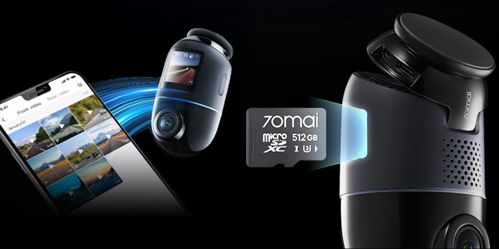 Obraz przedstawia dwa urządzenia elektroniczne z kamerami oraz kartę pamięci z napisem \'70mai micro SDXC 512GB\'. Obok znajduje się smartfon z wyświetlonymi miniaturami zdjęć.