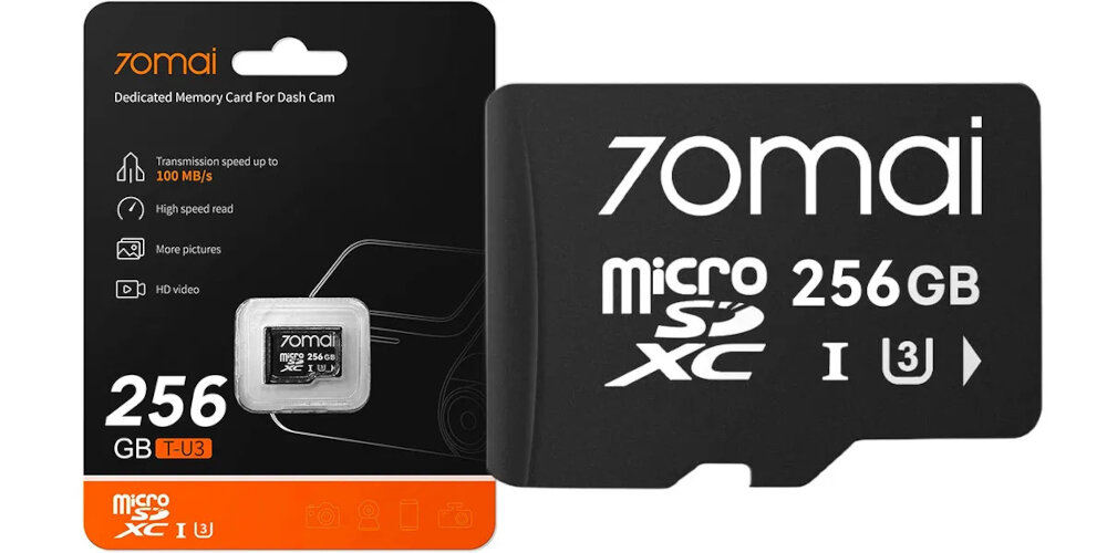 Obraz przedstawia kartę microSD o pojemności 256 GB z logo \'70mai\', obok opakowania z napisem \'Dedicated Memory Card For Dash Cam\'.