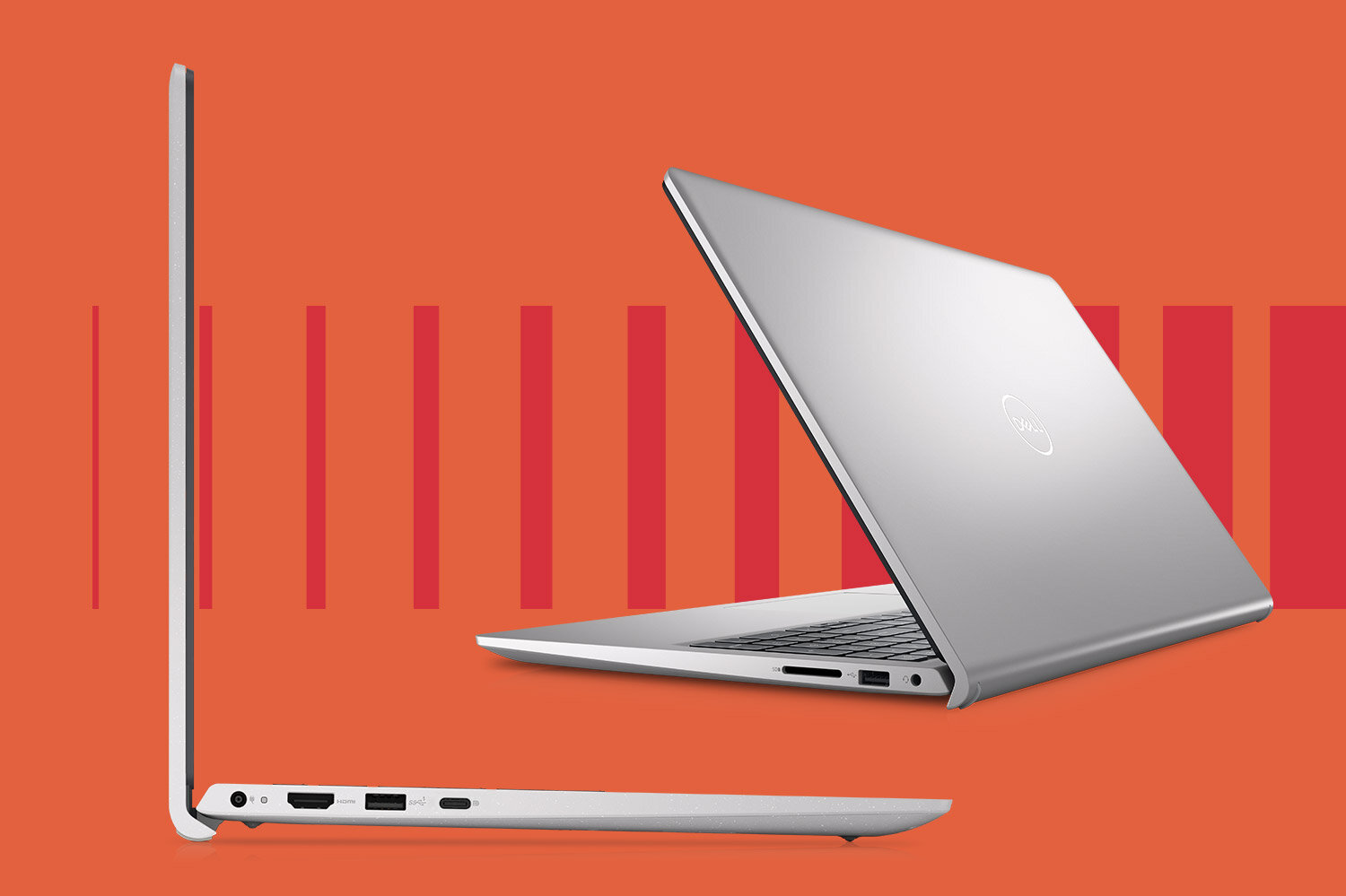 Obraz przedstawia dwa laptopy w kolorze srebrnym na pomarańczowym tle z czerwonymi paskami. Na pokrywie laptopa widoczne jest logo DELL.