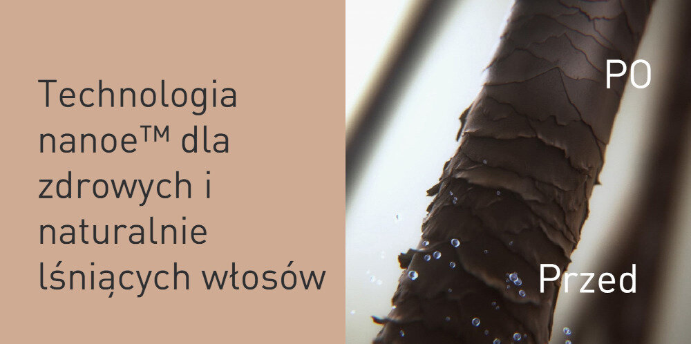 Po lewej stronie widoczny jest tekst: \'Technologia nanoe™ dla zdrowych i naturalnie lśniących włosów\'. Po prawej stronie znajduje się zbliżenie na włos z napisami \'PO\' i \'Przed\'.