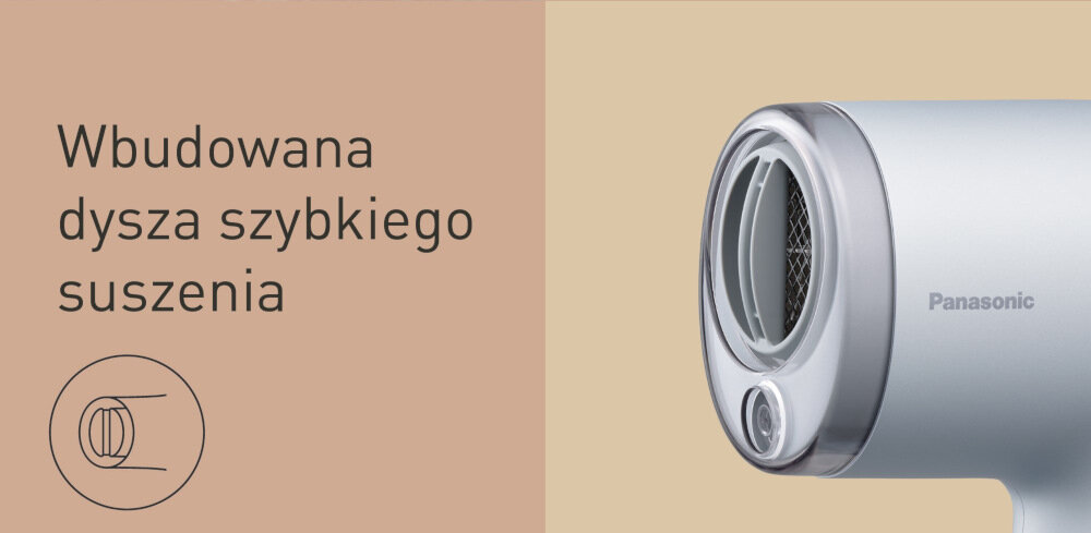 Obraz przedstawia fragment suszarki z widoczną dyszą i napisem \'Panasonic\'. Po lewej stronie znajduje się tekst: \'Wbudowana dysza szybkiego suszenia\' oraz prosty rysunek dyszy.