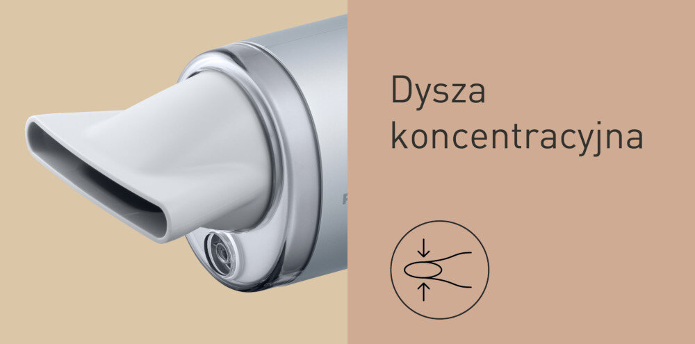 Obraz przedstawia końcówkę suszarki z dyszą koncentracyjną. Obok znajduje się tekst: \'Dysza koncentracyjna\' oraz symbol ilustrujący przepływ powietrza.