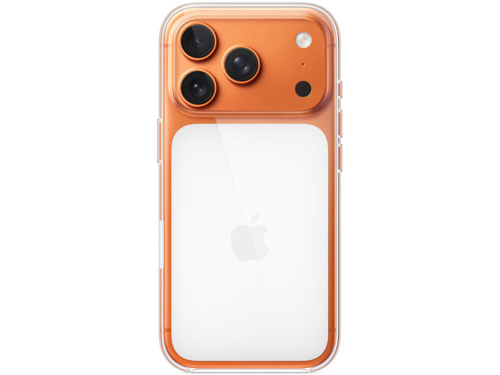 Przezroczyste etui na telefon z widocznym logo Apple, z trzema aparatami i pomarańczowym obramowaniem wokół nich.