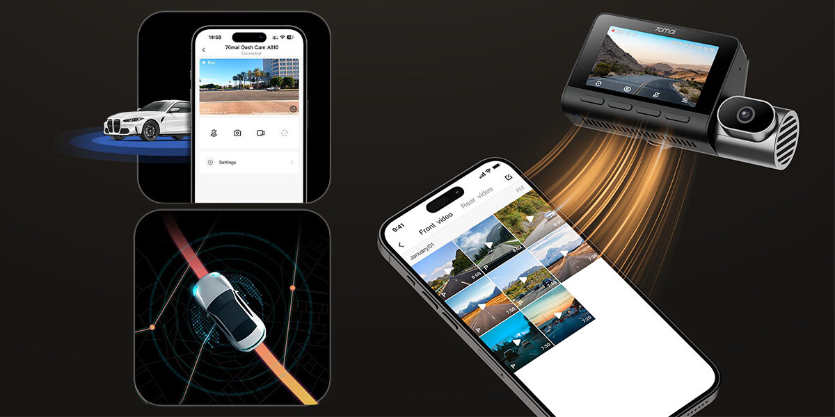 Obraz przedstawia wideorejestrator z ekranem wyświetlającym krajobraz oraz smartfon z aplikacją pokazującą zdjęcia i wideo. Obok znajduje się grafika z samochodem i wizualizacją jego otoczenia.