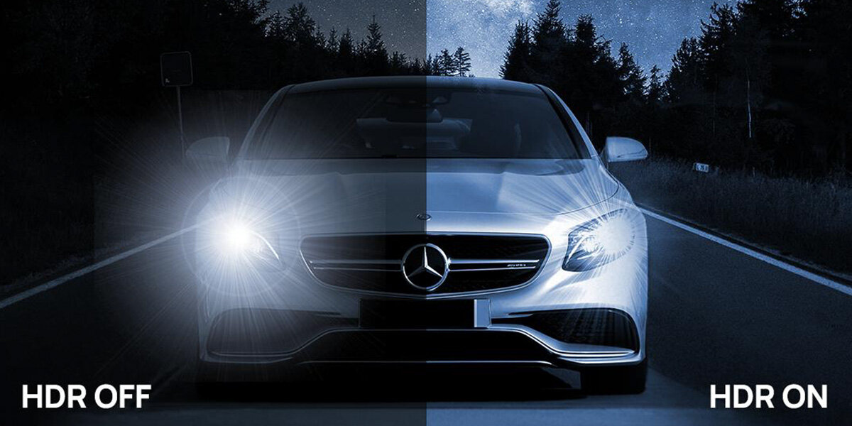 Obraz przedstawia samochód na drodze nocą, podzielony na dwie części: po lewej stronie z napisem \'HDR OFF\' i po prawej \'HDR ON\'. Po lewej stronie światło reflektora jest bardziej rozproszone, a po prawej wyraźniejsze i bardziej skoncentrowane.