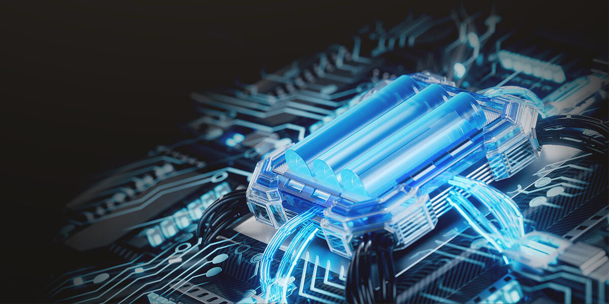 Obraz przedstawia futurystyczny układ elektroniczny z centralnym, świecącym na niebiesko elementem przypominającym kapsułę, otoczonym przez skomplikowane ścieżki i obwody.