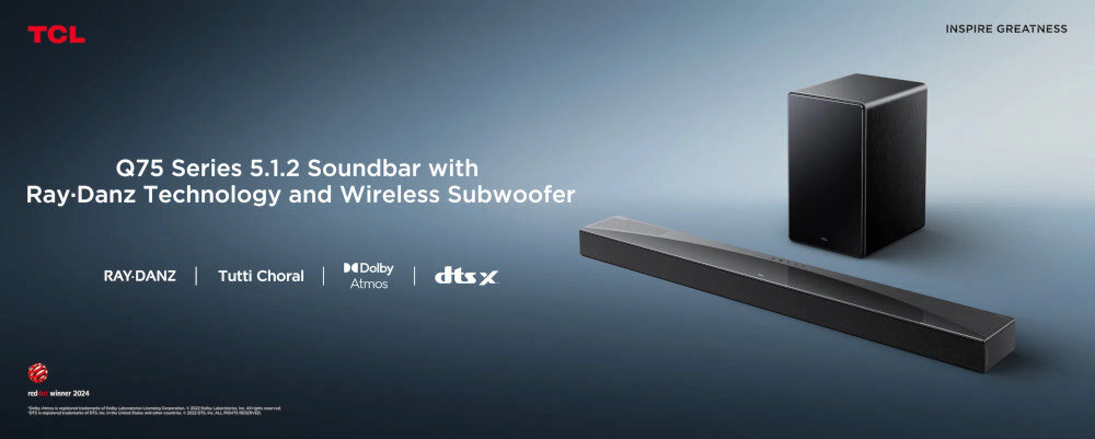 Obraz przedstawia czarny soundbar i bezprzewodowy subwoofer na szarym tle. Widoczny jest tekst: \'Q75 Series 5.1.2 Soundbar with Ray-Danz Technology and Wireless Subwoofer\', a także logotypy TCL, RAY-DANZ, Tutti Choral, Dolby Atmos, dts:X oraz napis \'INSPIRUJ WIELKOŚĆ\'.