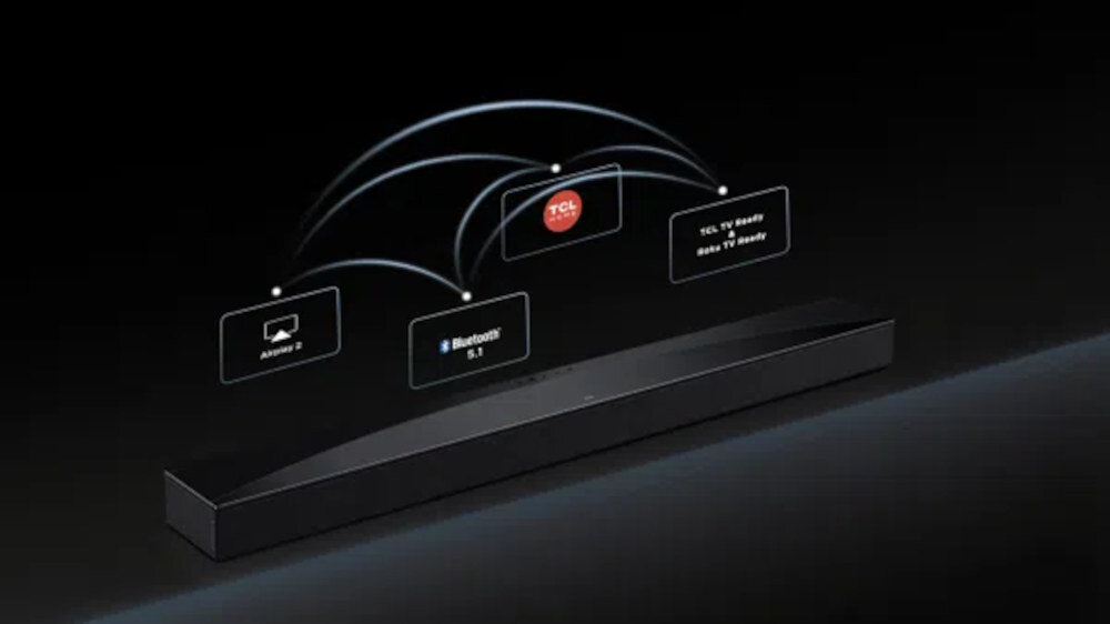 Na obrazie widoczny jest czarny soundbar z trzema ikonami nad nim: AirPlay 2, Bluetooth 5.1 oraz logo TCL. Tło jest ciemne, a ikony są połączone łukowatymi liniami.