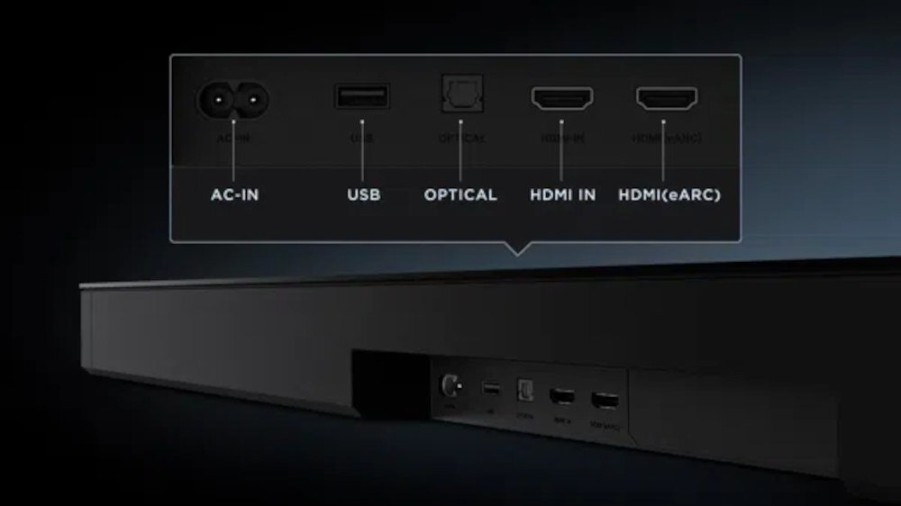Obraz przedstawia tylny panel soundbara z widocznymi portami: AC-IN, USB, OPTICAL, HDMI IN, HDMI (eARC).