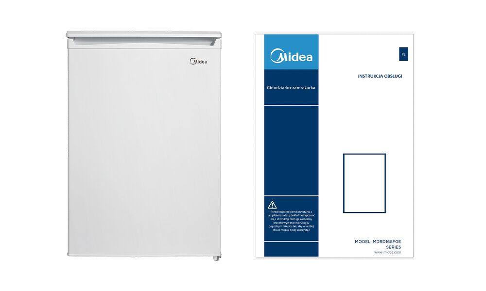 Na obrazie widoczna jest biała lodówka z logo \'Midea\' oraz instrukcja obsługi z napisem \'Midea Chłodziarko-zamrażarka INSTRUKCJA OBSŁUGI MODEL MDRD168FGE SERIES\'.