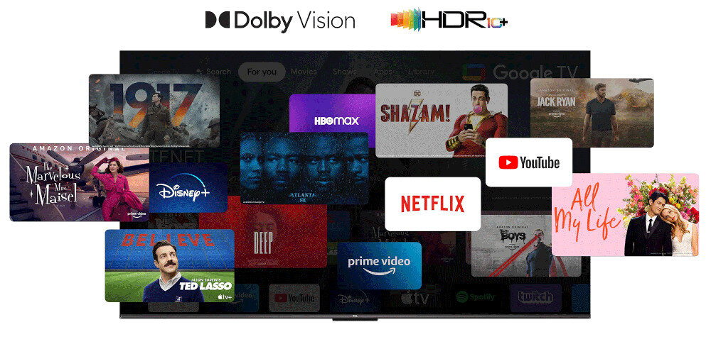 Obraz przedstawia ekran telewizora z różnymi aplikacjami streamingowymi, takimi jak Netflix, YouTube, Prime Video, Disney+, HBO Max i inne. Widoczne są także logotypy Dolby Vision i HDR10+.