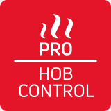 Czerwony kwadrat z białym napisem \'PRO HOB CONTROL\' oraz trzema stylizowanymi liniami symbolizującymi parę.