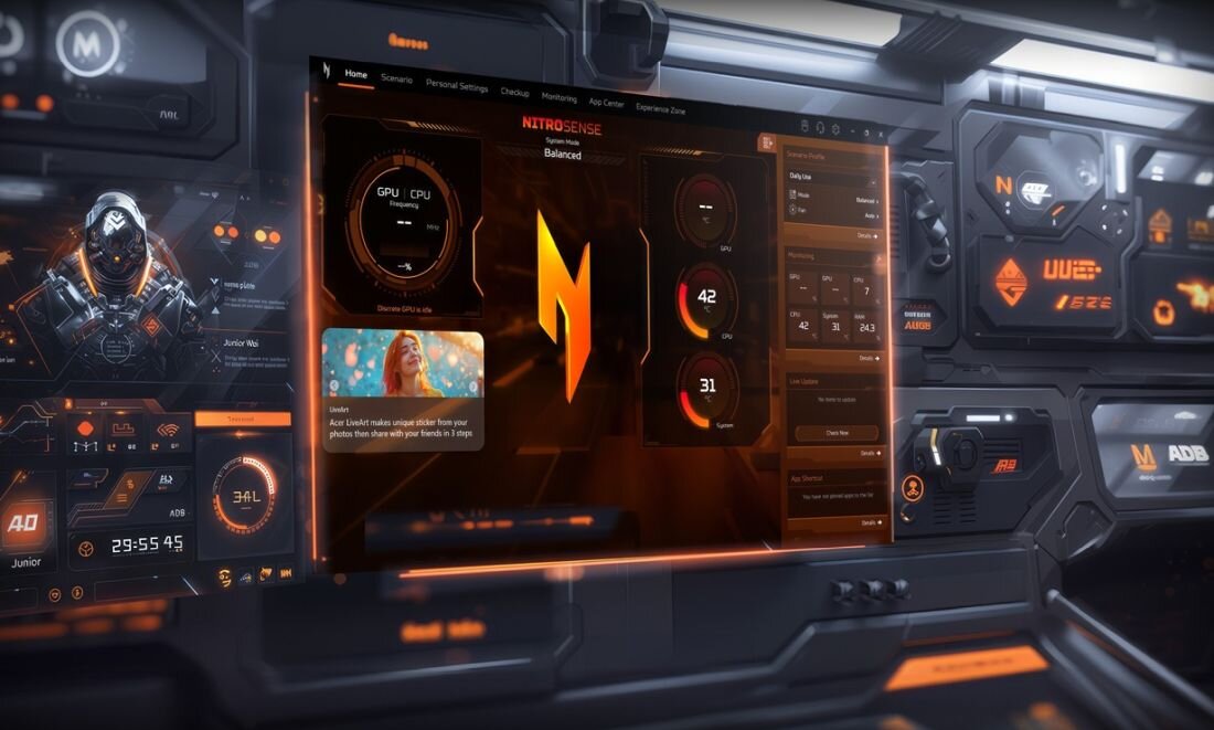 Laptop Acer Nitro z aplikacją NitroSense prezentuje panel monitorowania wydajności podczas konfiguracji ustawień gamingowych 