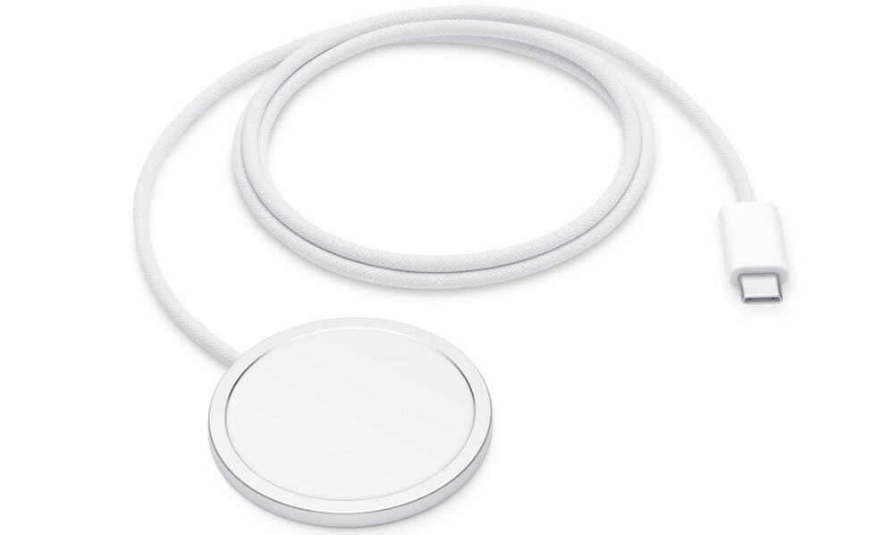 Biała ładowarka indukcyjna z okrągłą powierzchnią ładującą i długim kablem zakończonym złączem USB-C.