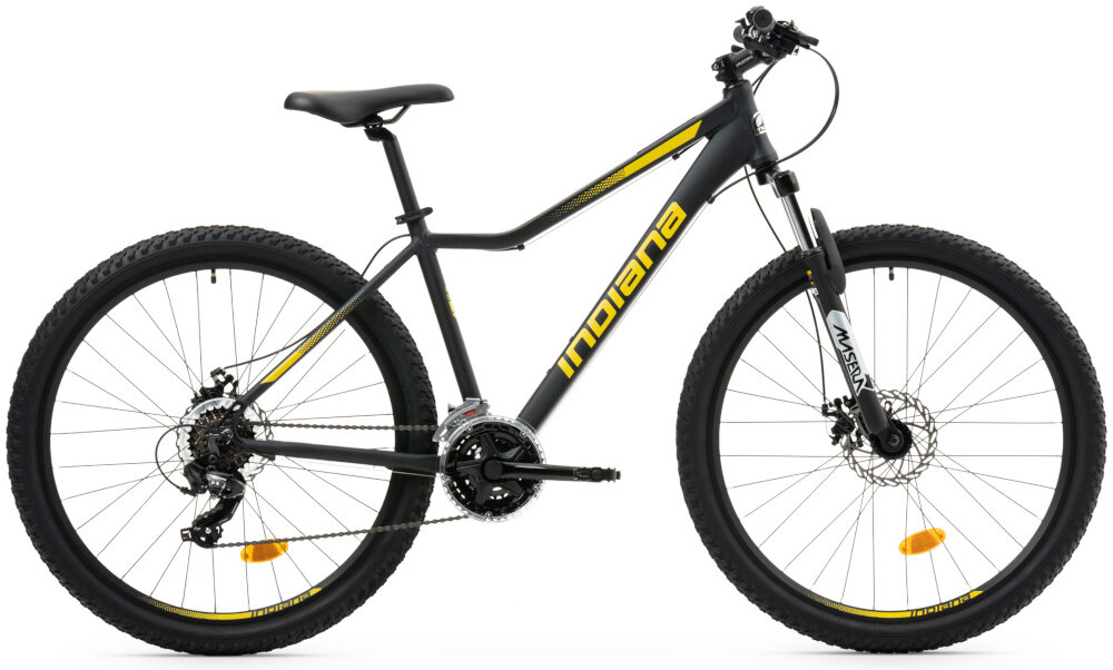 Rower górski MTB INDIANA X-Pulser 2.7 D15 27.5 cala damski Czarno-żółty rower na białym tle widoczny z boku pasja jazda na rowerze środek transportu