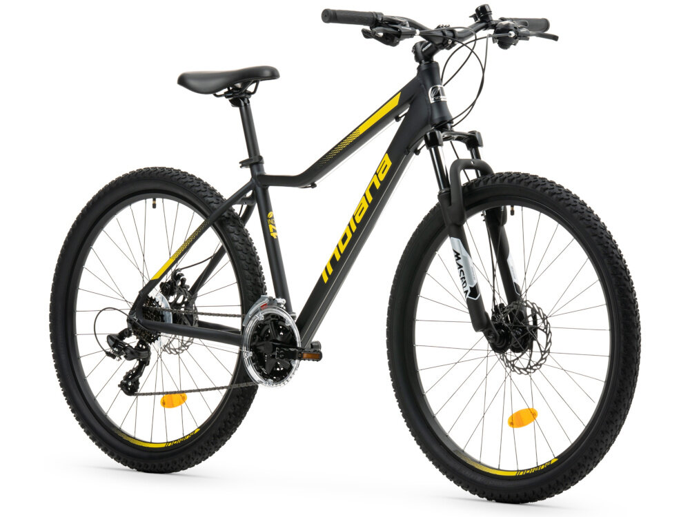 Rower górski MTB INDIANA X-Pulser 2.7 D15 27.5 cala damski Czarno-żółty rower na białym tle widoczny od przodu pod skosem góral dla sportowców do jazdy wyczynowej uniwersalny dla amatorów zwrotny łatwo wchodzący w zakręty do jazdy w mieście na drodze utwardzonej i nieutwardzonej w lesie górski szlak błocie piachu