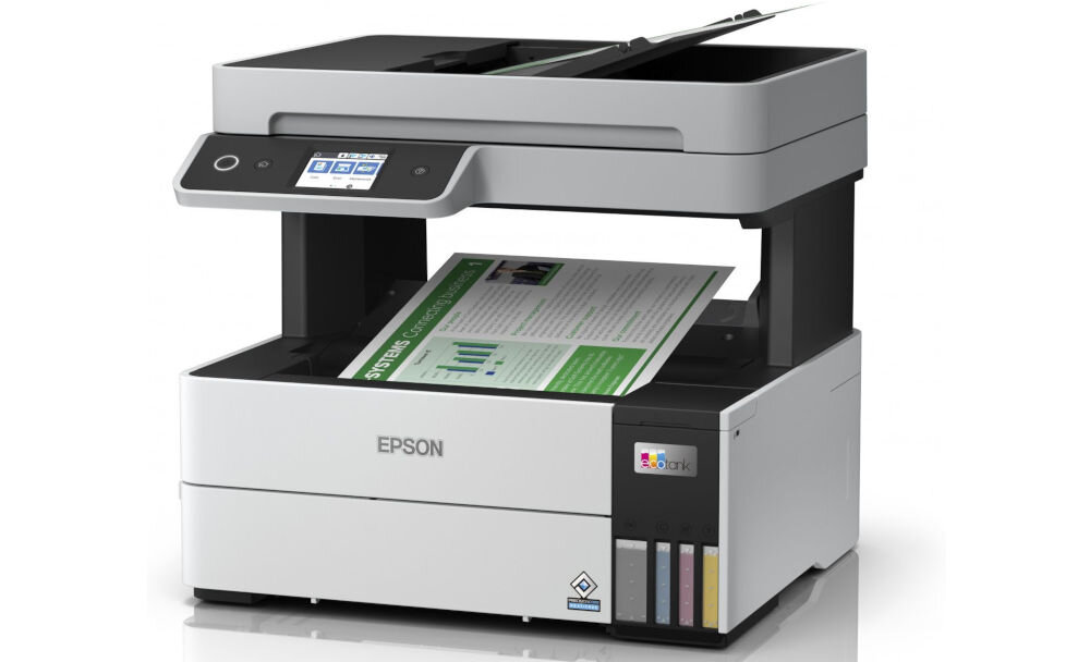 Na obrazie widoczne jest urządzenie wielofunkcyjne z logo EPSON, posiadające wyświetlacz i panel sterowania. W dolnej części urządzenia znajdują się kolorowe wskaźniki poziomu tuszu.