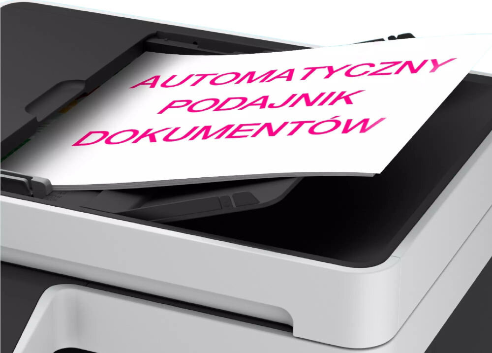 Na obrazie widoczny jest fragment urządzenia z automatycznym podajnikiem dokumentów. Na kartce znajduje się tekst: \'AUTOMATYCZNY PODAJNIK DOKUMENTÓW\'.