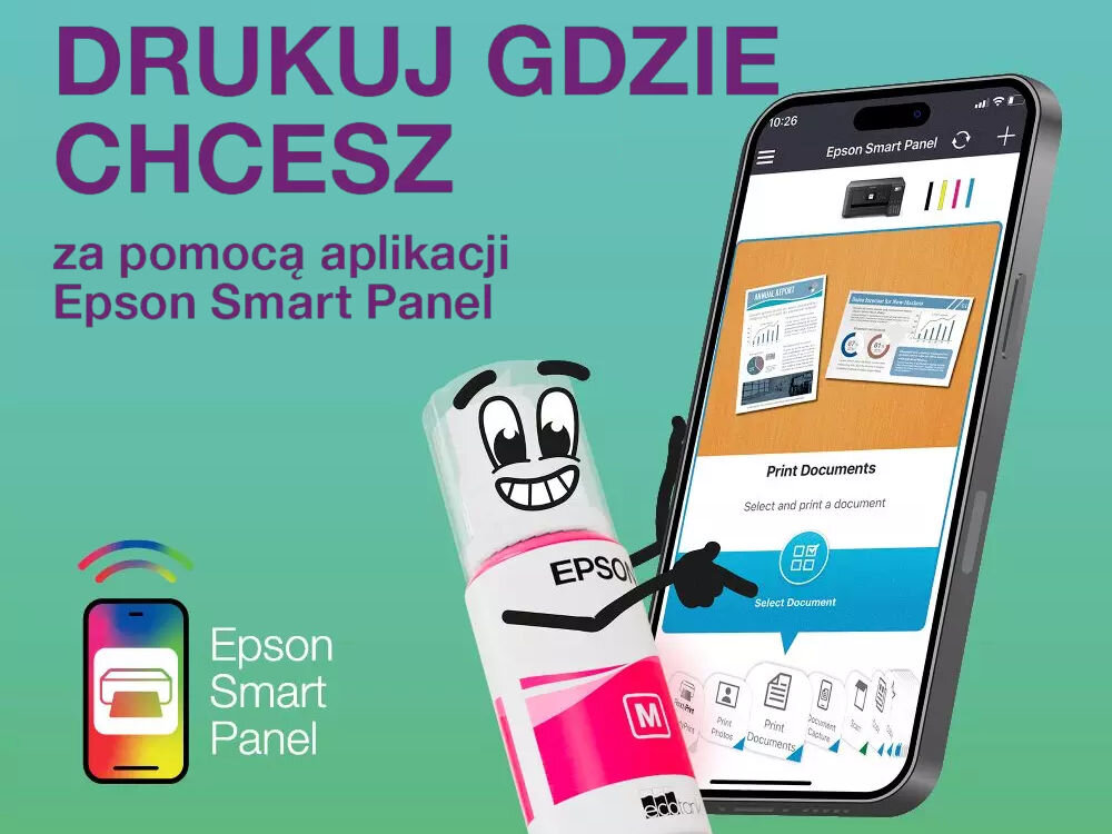 Na obrazie widoczny jest rysunkowy tusz z uśmiechniętą twarzą obok smartfona z aplikacją Epson Smart Panel. Tekst na górze brzmi: \'DRUKUJ GDZIE CHCESZ za pomocą aplikacji Epson Smart Panel\'.