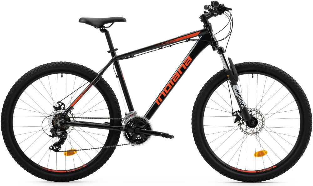 Rower górski MTB INDIANA X-Pulser 2.7 M15 27.5 cala męski Czarno-czerwony rower na białym tle widoczny z boku pasja jazda na rowerze środek transportu