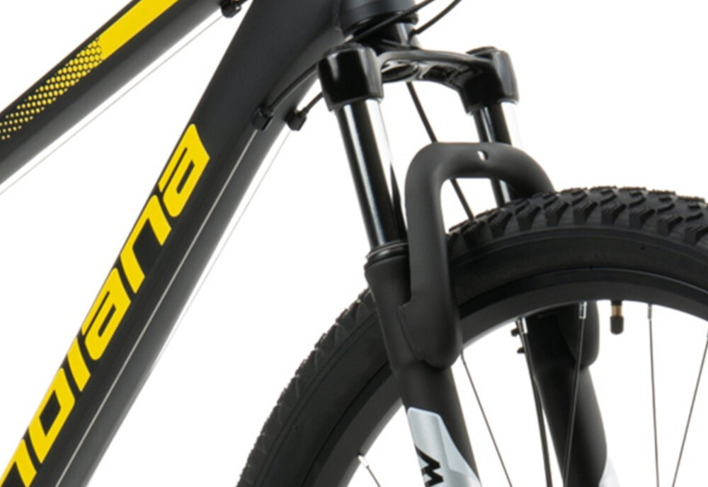 Rower górski MTB INDIANA X-Pulser 2.7 D17 27.5 cala damski Czarno-żółty zbliżenie na amortyzator widok od przodu pod skosem białe tło rower typu hardtail przedni amortyzator marki ZOOM typu 389A(M)-650B DB skutecznie tłumi drgania i wstrząsy płynna i stabilna jazda amortyzator poprawia przyczepność kół kontrola nad rowerem wyższy poziom bezpieczeństwa i komfortu jazdy
