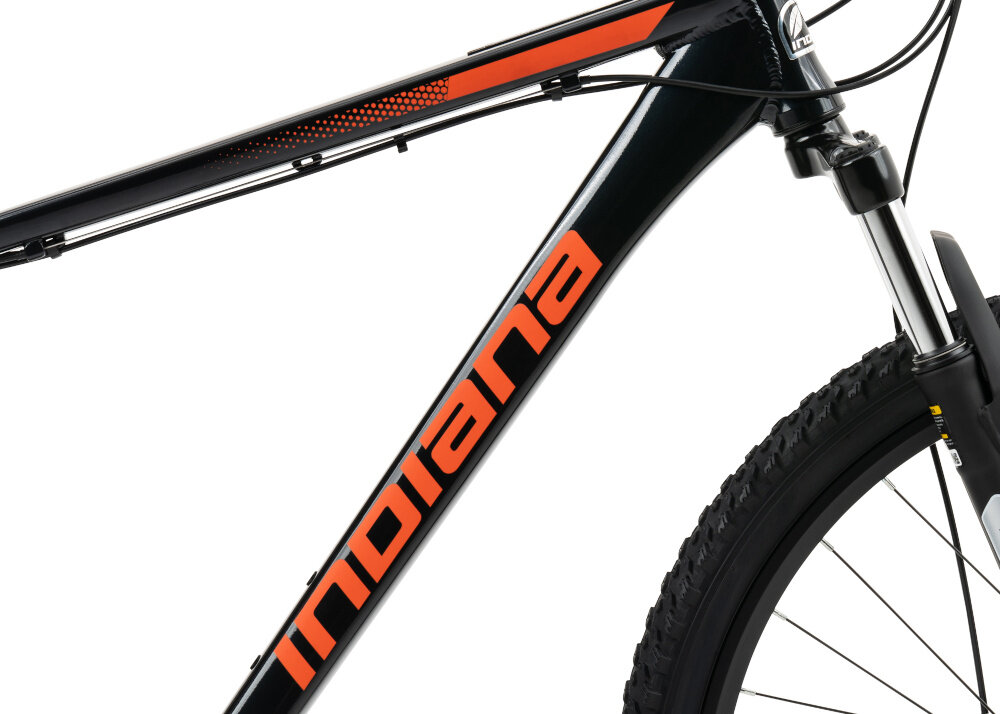 Rower górski MTB INDIANA X-Pulser 2.7 M17 27.5 cala męski Czarno-czerwony zbliżenie na ramę widok z boku białe tło nad rowerem 17-calowa aluminiowa rama rower jest bardzo zwinny lekki waga 16 kg łatwo podnieść go odporność na korozję wybór rozmiaru ramy Twój wzrost mierzony w zrelaksowanej pozycji typ roweru dla osób o wzroście od 165 do 174 cm