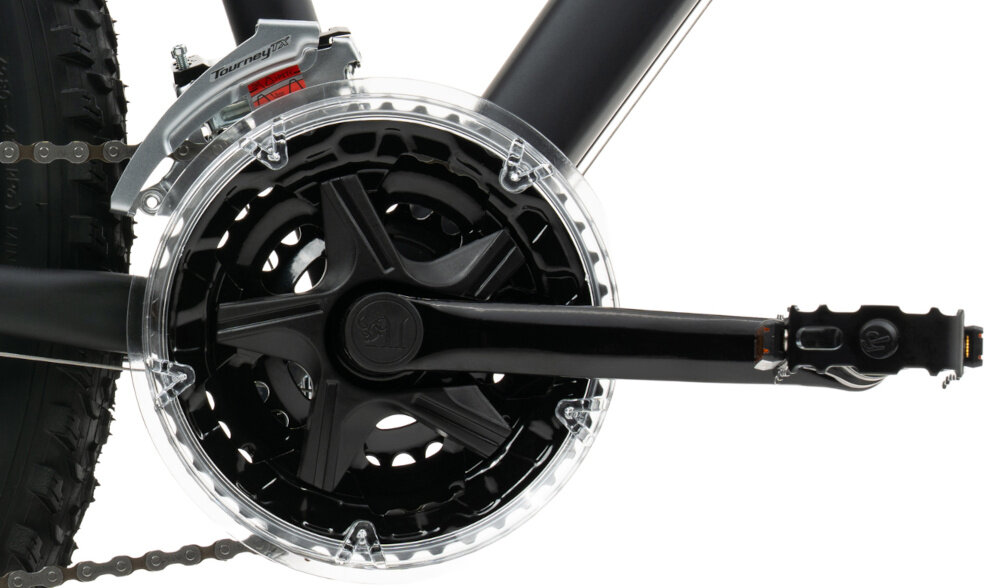 Rower górski MTB INDIANA X-Pulser 2.7 M17 27.5 cala męski Czarno-czerwony zbliżenie na korbę solidny i wszechstronny napęd korba JIVAN typu XLR8 można lepiej dopasować tempo jazdy do warunków terenu oraz własnych możliwości wolnobieg SHIMANO typu AMF TZ510-7 płynna zmiana biegów większa elastyczność jazdy ułatwia pokonywanie podjazdów komfortowa kadencja