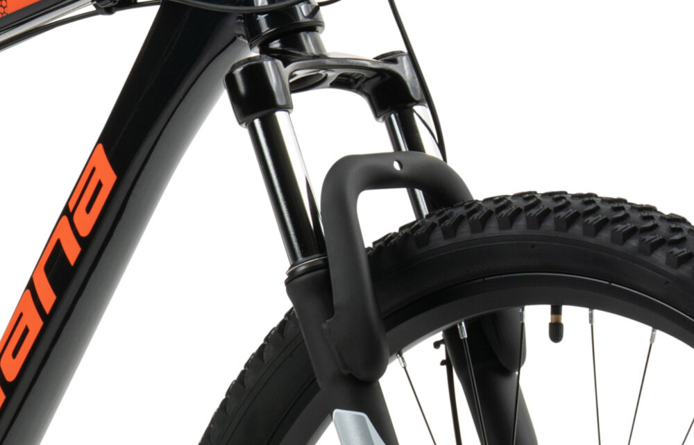 Rower górski MTB INDIANA X-Pulser 2.7 M17 27.5 cala męski Czarno-czerwony zbliżenie na amortyzator widok od przodu pod skosem białe tło rower typu hardtail przedni amortyzator marki ZOOM typu 389A(M)-650B DB skutecznie tłumi drgania i wstrząsy płynna i stabilna jazda amortyzator poprawia przyczepność kół kontrola nad rowerem wyższy poziom bezpieczeństwa i komfortu jazdy