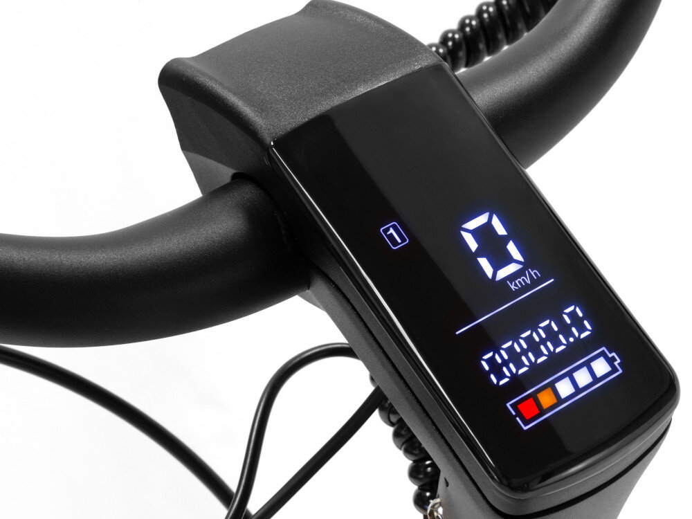 Rower elektryczny PLATUM City 7S M19.5 27.5 cala Zielony wyświetlacz na białym tle niebieskie ikony zintegrowany z kierownicą wyświetlacz wyświetlacz LCD marki MOGU M12 poziom naładowania baterii aktualna prędkość przebyty dystans