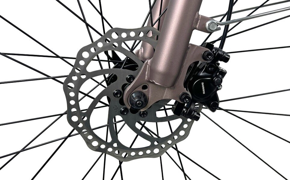 Zbliżenie na tarczę hamulcową roweru z widocznym zaciskiem i szprychami. Na zacisku widoczny jest napis \'SHIMANO\'.