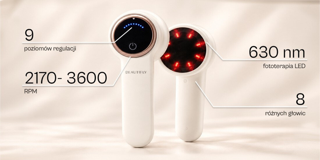 Masażer antycellulitowy BEAUTIFLY 8w1 TouchSense zdjęcie lifestyle Dwie technologie masaż wibracyjny o prędkości 2170–3600 RPM z czerwonym światłem LED o długości fali 630 nm Dziewięć poziomów intensywności 