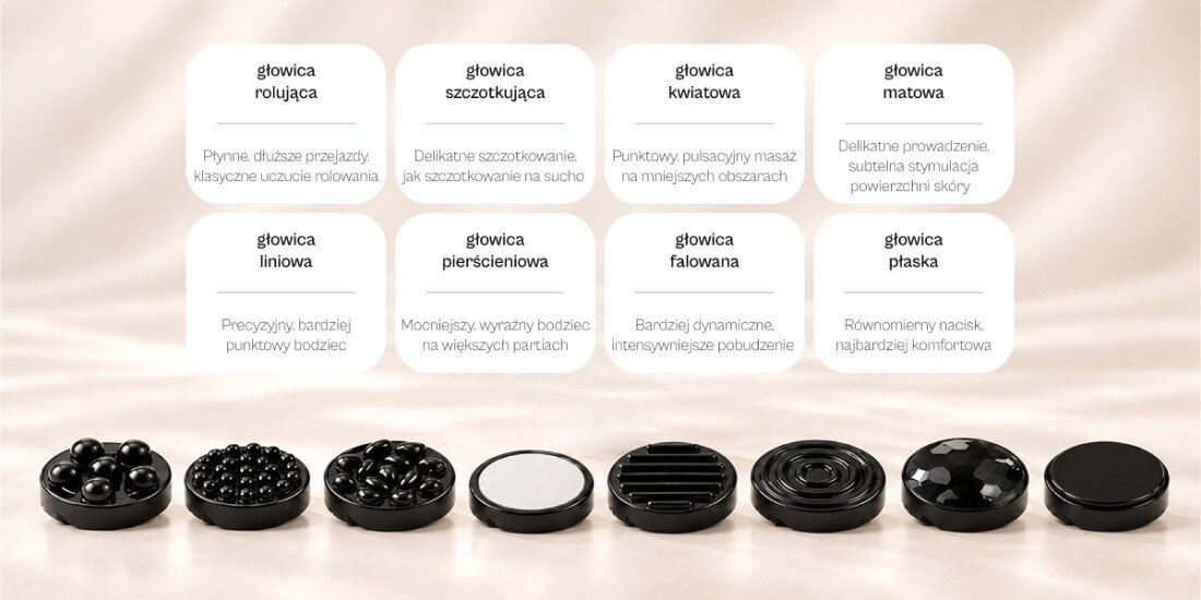Masażer antycellulitowy BEAUTIFLY 8w1 TouchSense zdjęcie lifestyle Osiem wymiennych głowic Głowice płaska i matowa