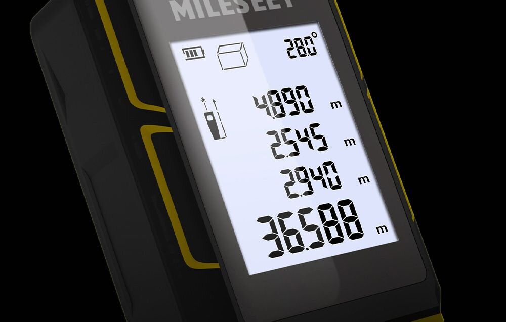 Dalmierz laserowy MILESEEY G7 100m, Zbliżenie, wyświetlacz, wyniki, bateria, Zbliżenie na czytelny ekran dalmierza Mileseey z wynikami pomiarów w metrach i ikoną naładowania baterii.