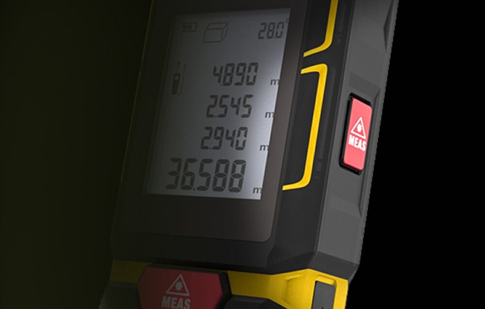 Dalmierz laserowy MILESEEY G7 100m, Profil, przycisk, pomiar, dalmierz, Boczny profil dalmierza z widocznym czerwonym przyciskiem MEAS i fragmentem ekranu w przyciemnionym otoczeniu.