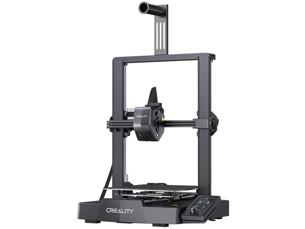 Na obrazie widoczna jest drukarka 3D z napisem \'CREALITY\' na obudowie. Urządzenie ma pionową konstrukcję z ruchomym ramieniem i panelem sterowania na podstawie.