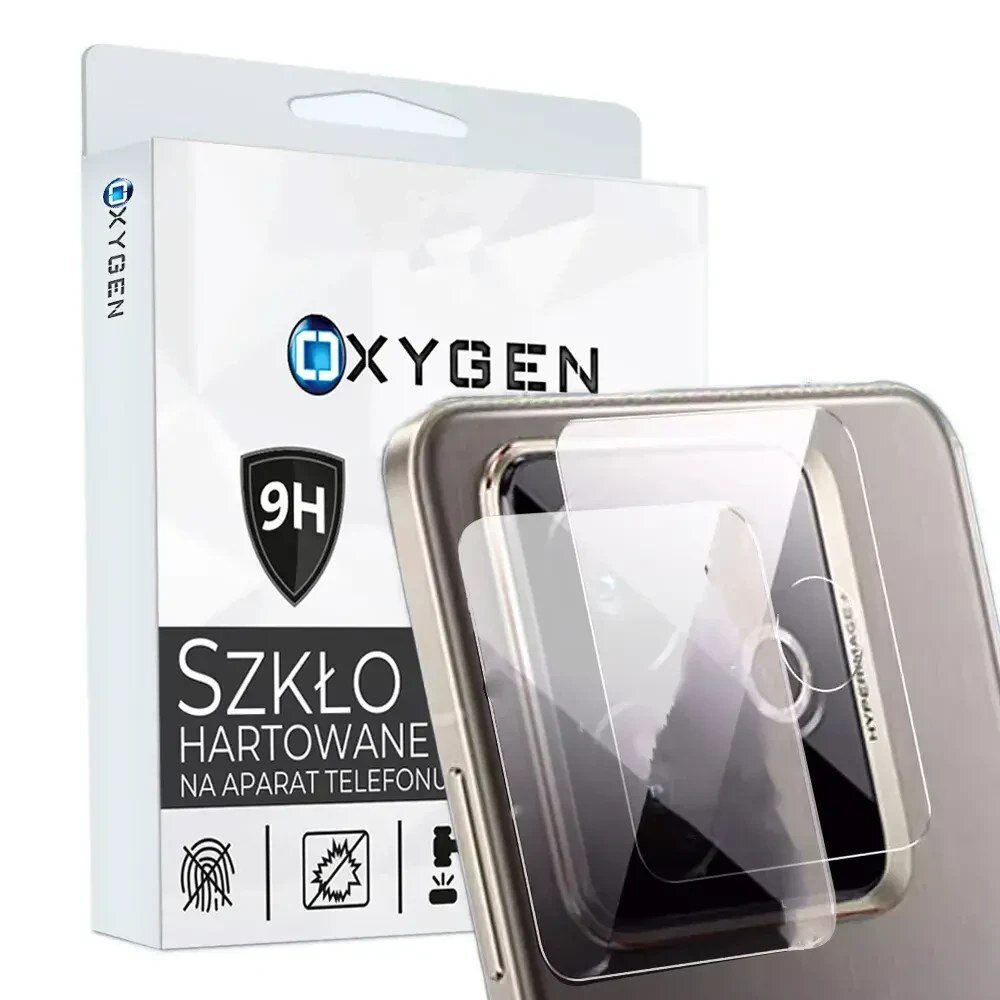 Opakowanie szkła ochronnego OXYGEN z napisem \'Szkło hartowane na aparat telefonu\' oraz symbolem 9H. Obok widoczny jest telefon z nałożonym szkłem ochronnym na aparat.