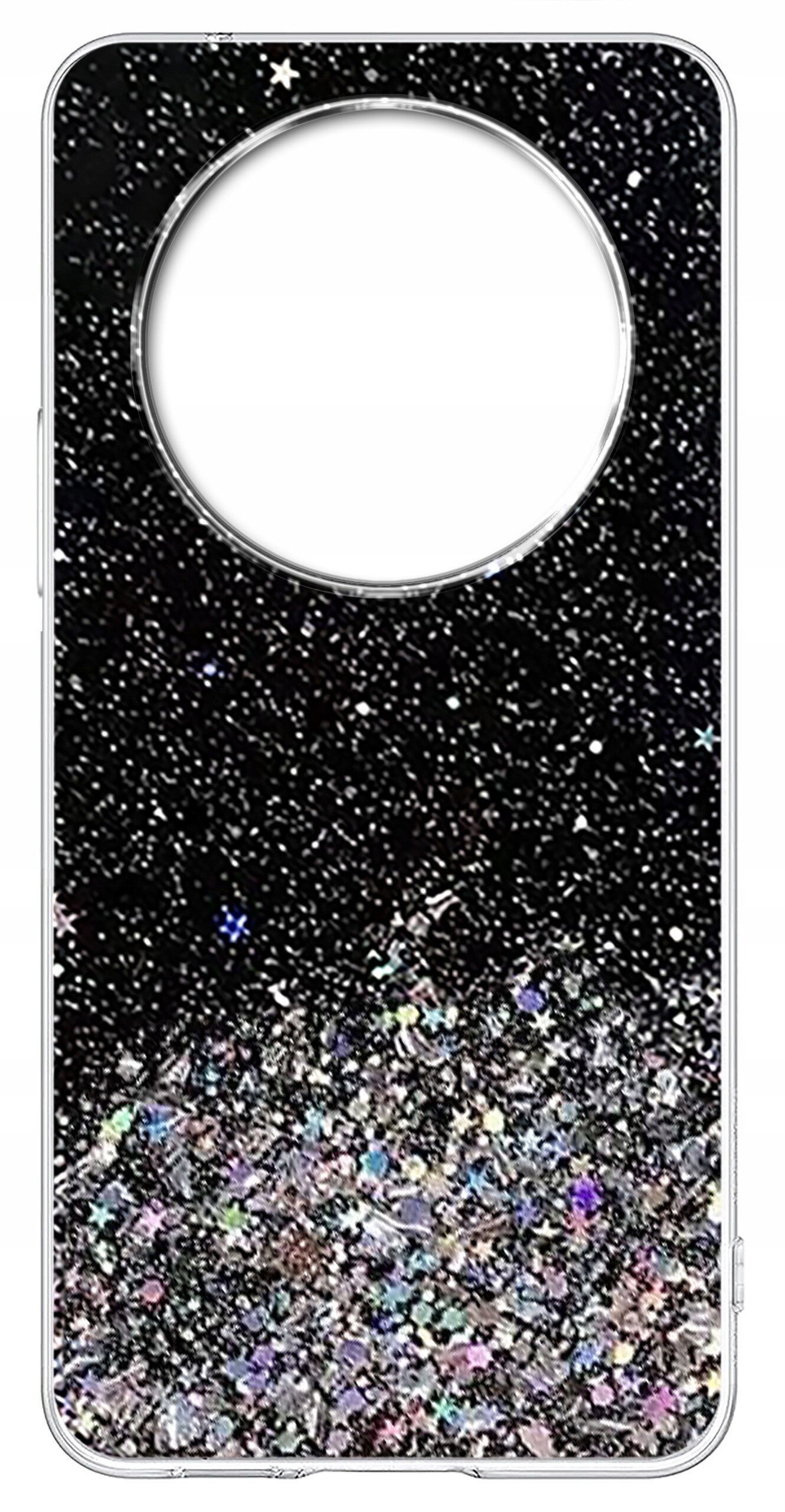 Etui na telefon z brokatowym wzorem, przechodzącym od czarnego do srebrnego z kolorowymi refleksami. W górnej części znajduje się duży okrągły otwór na aparat.