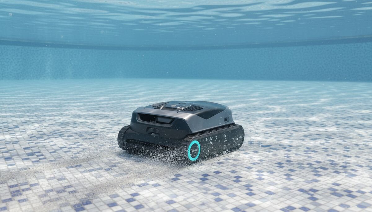 Robot do czyszczenia basenów AIPER Scuba X1 Pro Max, czysto, praca, porządek, usuwanie, Robot sprząta dno basenu pod powierzchnią wody.
