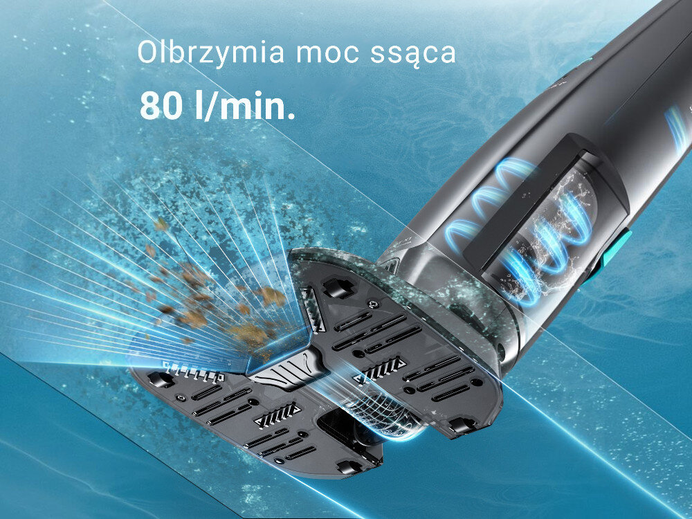 Obraz przedstawia odkurzacz do basenów w trakcie pracy, zasysający wodę i zanieczyszczenia. Widoczny jest tekst: \'Olbrzymia moc ssąca 80 l/min.\'