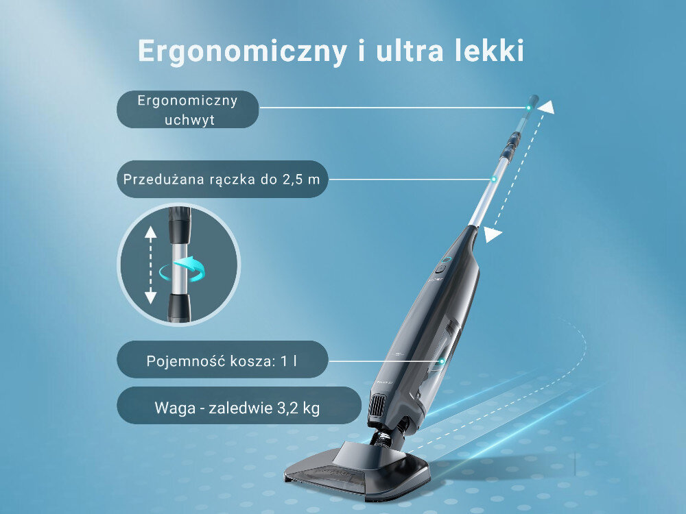 Obraz przedstawia odkurzacz do basenów z ergonomicznym uchwytem i przedłużaną rączką do 2,5 m. Tekst na obrazie: \'Ergonomiczny i ultra lekki\', \'Ergonomiczny uchwyt\', \'Przedłużana rączka do 2,5 m\', \'Pojemność kosza: 1 l\', \'Waga - zaledwie 3,2 kg\'.