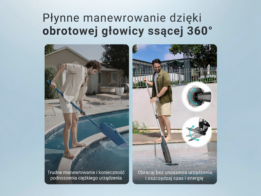 Obraz przedstawia dwie osoby używające odkurzacza do basenów z obrotową głowicą ssącą 360°. Tekst na obrazie: \'Płynne manewrowanie dzięki obrotowej głowicy ssącej 360°\', \'Trudne manewrowanie i konieczność podnoszenia ciężkiego urządzenia\', \'Obracaj bez unoszenia urządzenia i oszczędzaj czas i energię\'.