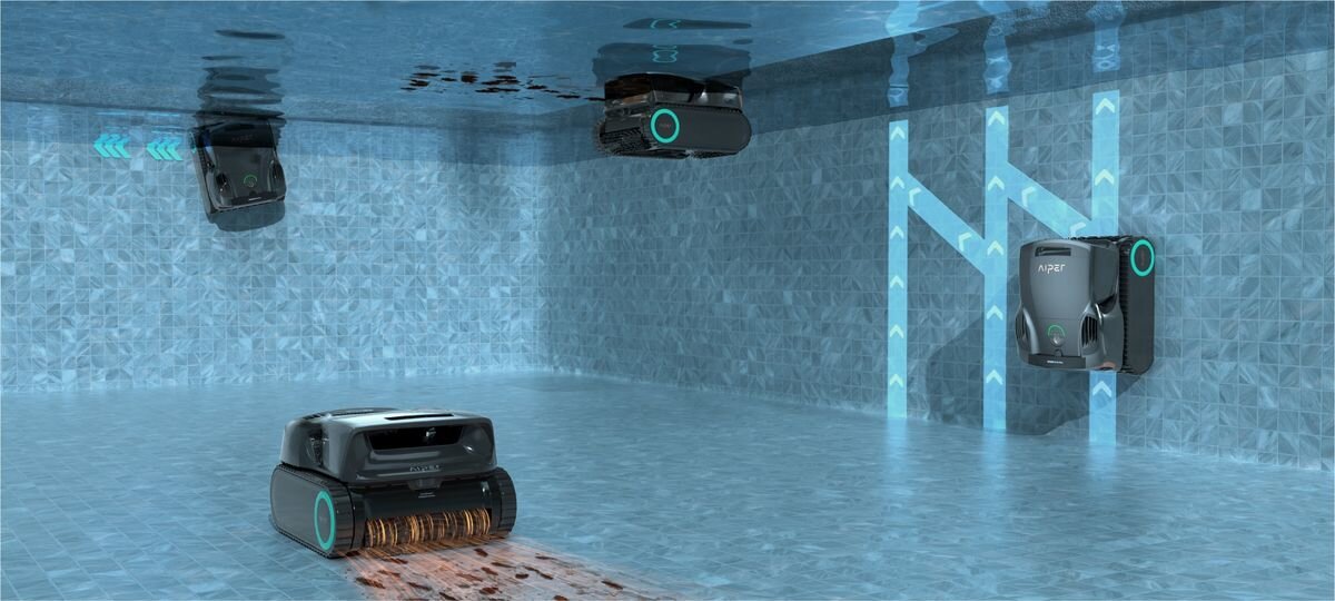 Robot do czyszczenia basenów AIPER Scuba X1, Czyszczenie, powierzchnia, dno, ściany, Trzy roboty zbierające liście z dna basenu.
