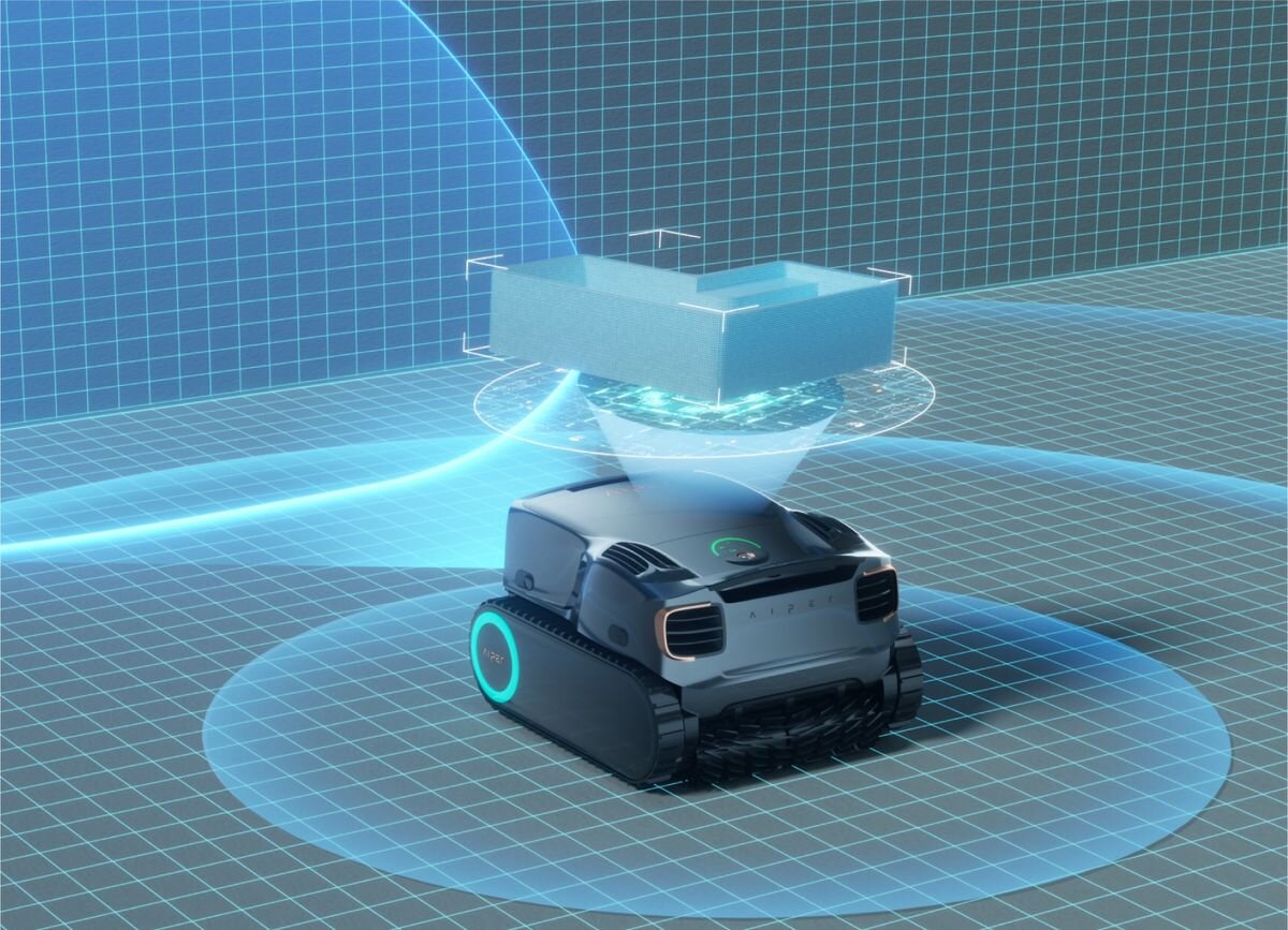 Robot do czyszczenia basenów AIPER Scuba X1, Bateria, czas pracy, pojemność, efektywność, Wizualizacja technologii skanowania i mapowania basenu.