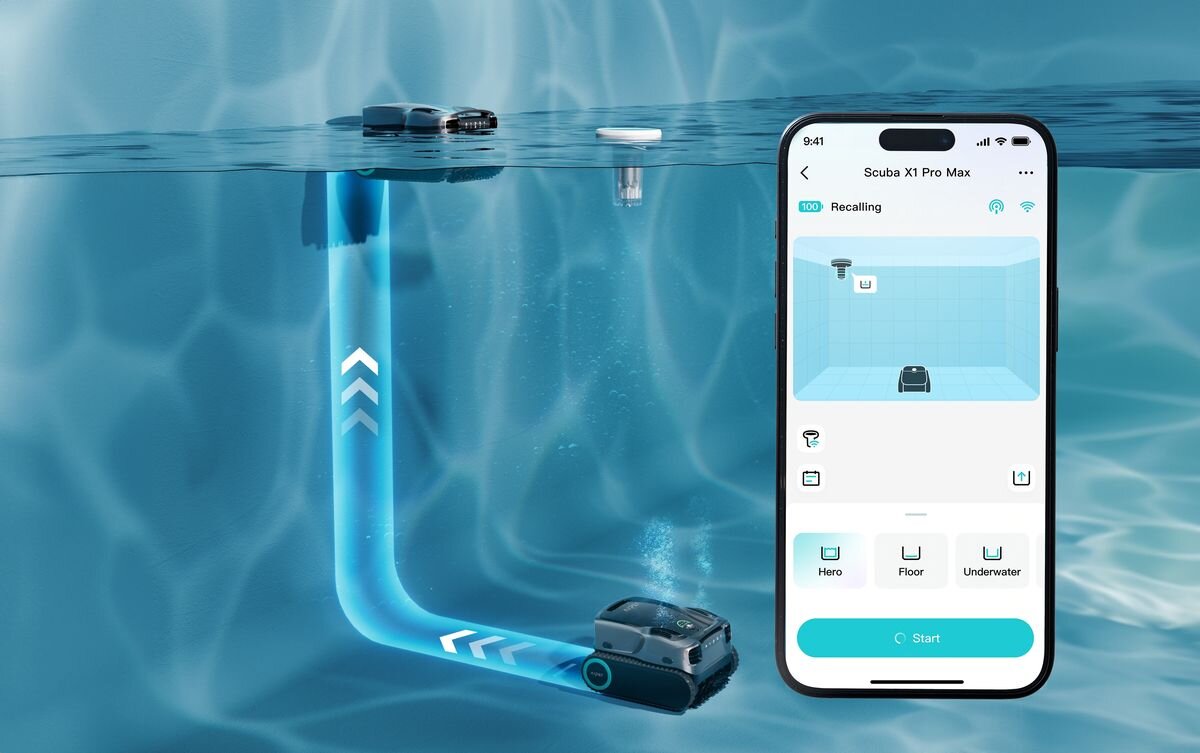 Robot do czyszczenia basenów AIPER Scuba X1, Tryby, funkcje, sterowanie, elastyczność, Robot w basenie i telefon z aplikacją do sterowania.