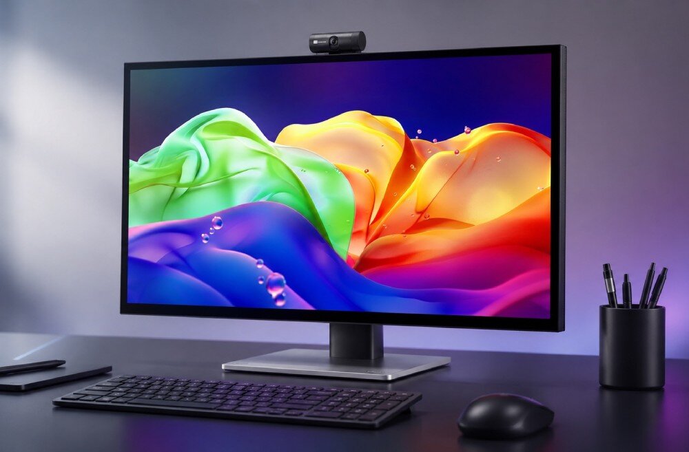 Monitor ACER ProCreator PE270KTbmiiphcuzx Monitor na biurku z klawiaturą, myszką i kamerą internetową zamontowaną na górnej krawędzi ekranu