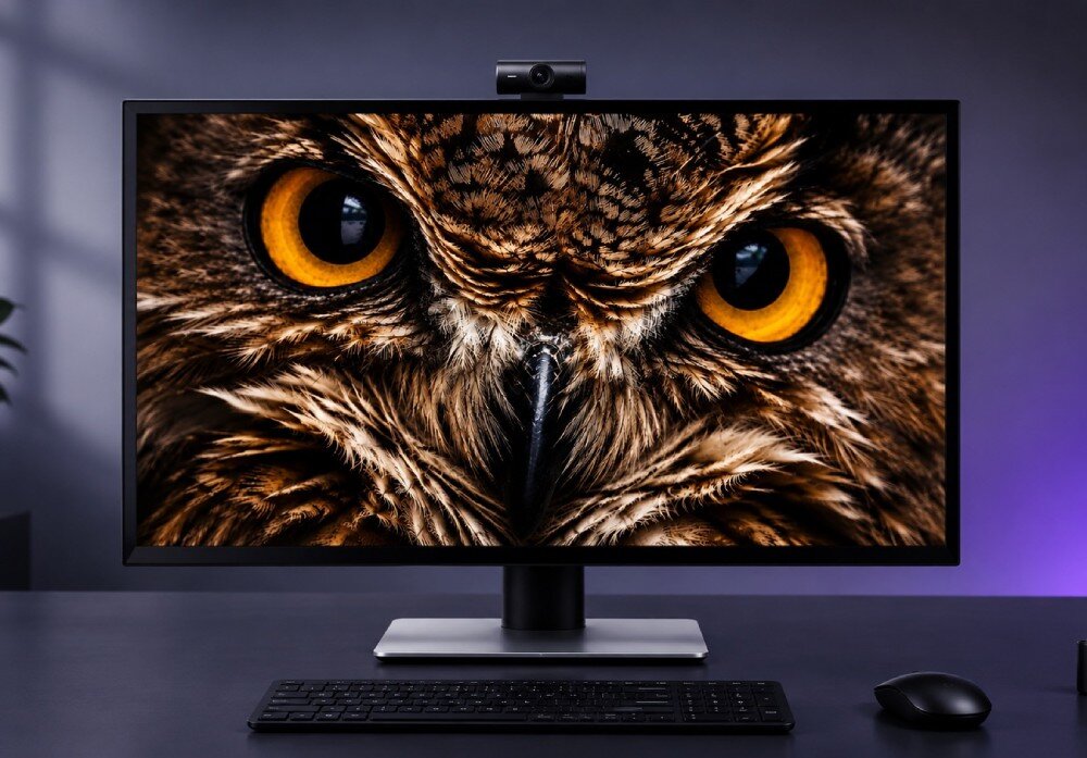 Monitor ACER ProCreator PE270KTbmiiphcuzx Monitor widziany na wprost z kamerą internetową na górnej krawędzi i ze zdjęciem sowy na ekranie