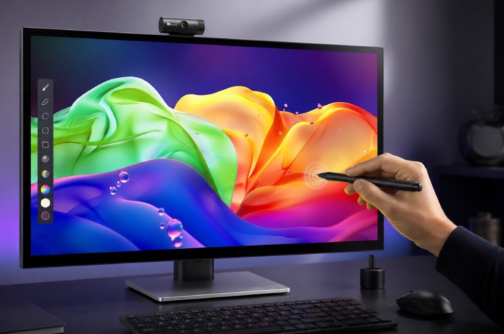 Monitor ACER ProCreator PE270KTbmiiphcuzx Ręka trzymająca rysik dotyka ekranu monitora z wyświetlonym interfejsem graficznym i panelem narzędzi