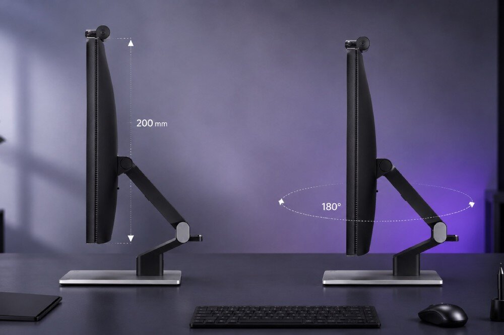 Monitor ACER ProCreator PE270KTbmiiphcuzx Widok monitora z boku z oznaczeniem zakresu regulacji wysokości 200 mm oraz obrotu o 180 stopni