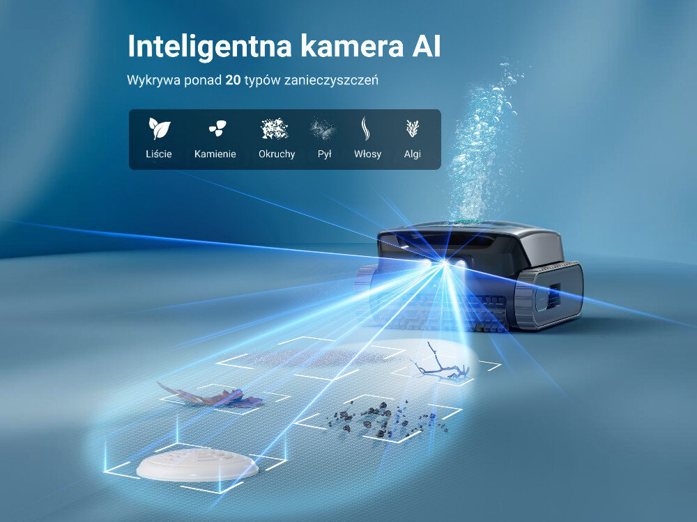 Robot do czyszczenia basenów AIPER Scuba V3, AI, wydajność, optymalizacja, sprzątanie, Telefon z aplikacją do planowania pracy robota w basenie.
