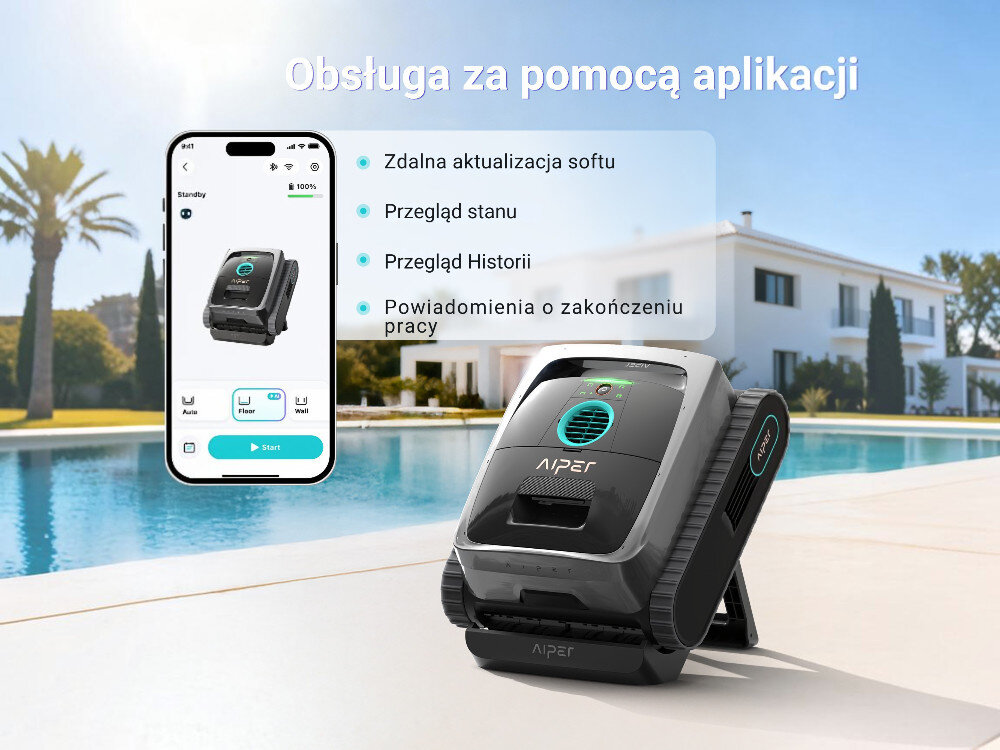 Robot do czyszczenia basenów AIPER Scuba V3, Sterowanie, aplikacja, funkcje, kontrola, Obsługa i podgląd pracy urządzenia w aplikacji mobilnej.
